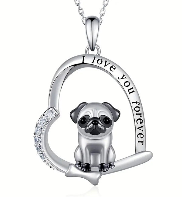 Dog & Heart Pendant Necklace - Silver Pet Lover Charm Jewelry