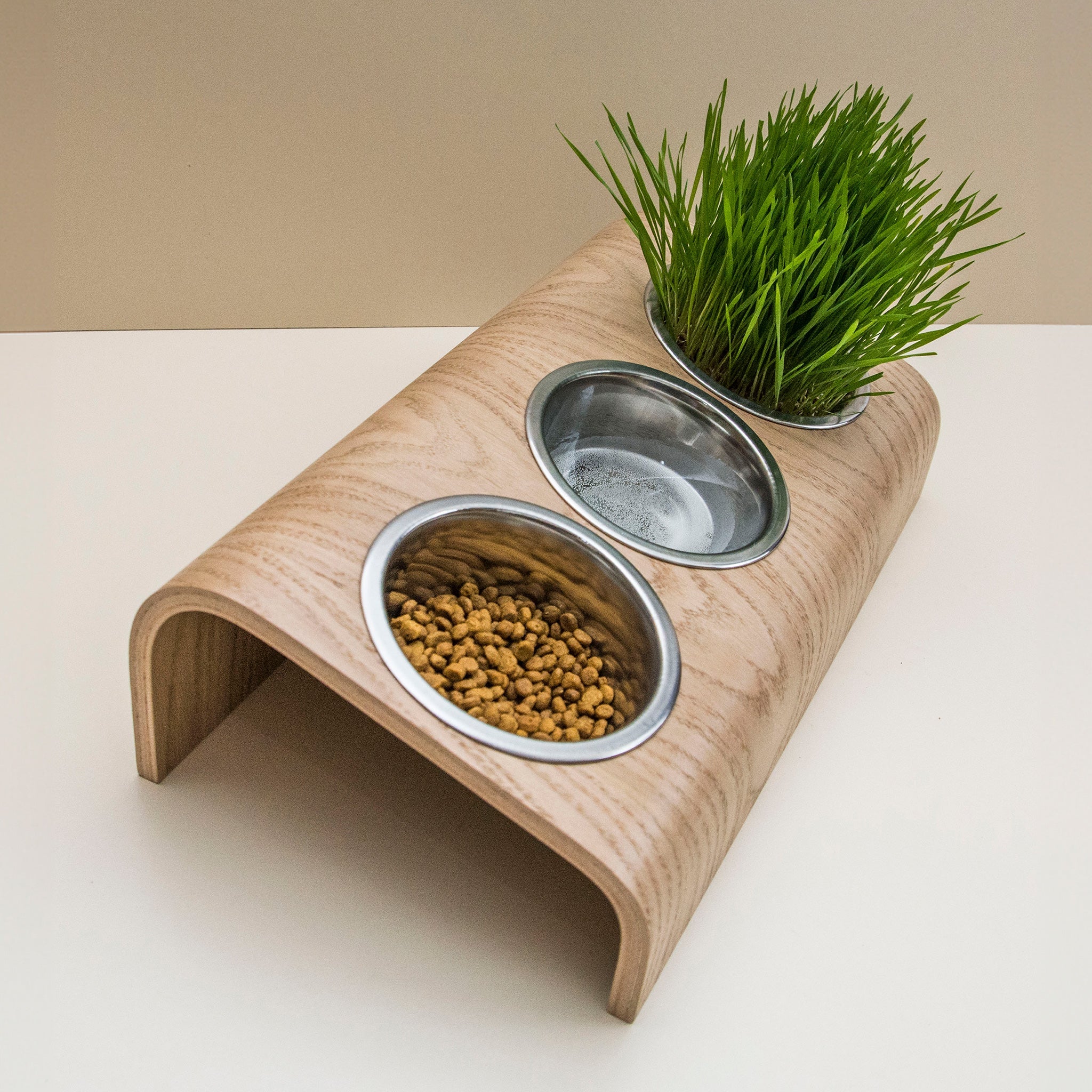 Elevated Dog Bowl Stand - Wooden 3-Bowl Raised Feeder for Cats & Dogs
