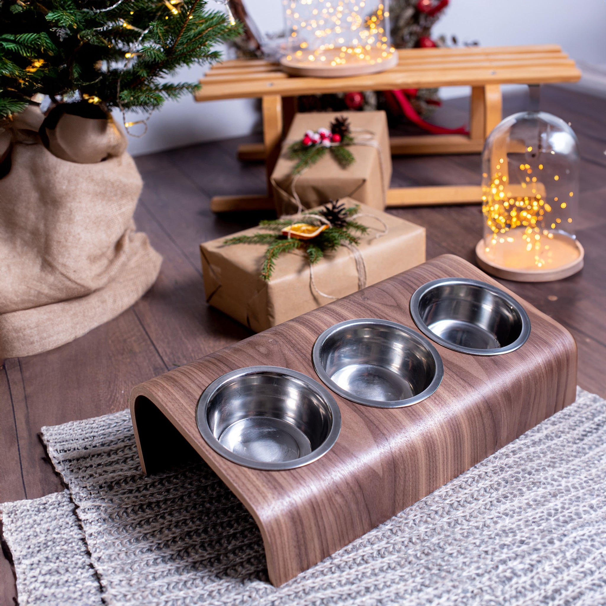 Elevated Dog Bowl Stand - Wooden 3-Bowl Raised Feeder for Cats & Dogs